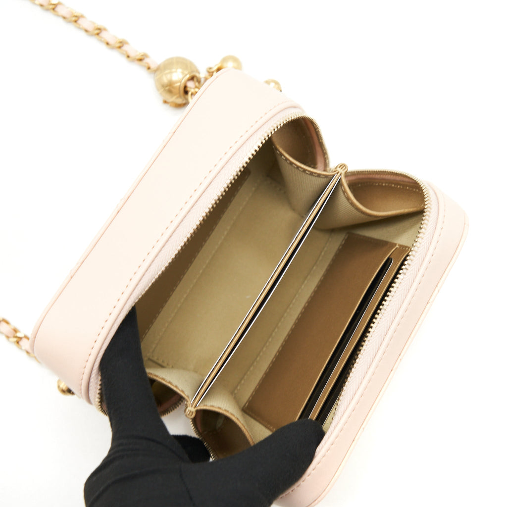 CHANEL PEARL CRUSH MINI CAMERA CASE WITH CHAIN LAMBSKIN LIGHT BEIGE GHW