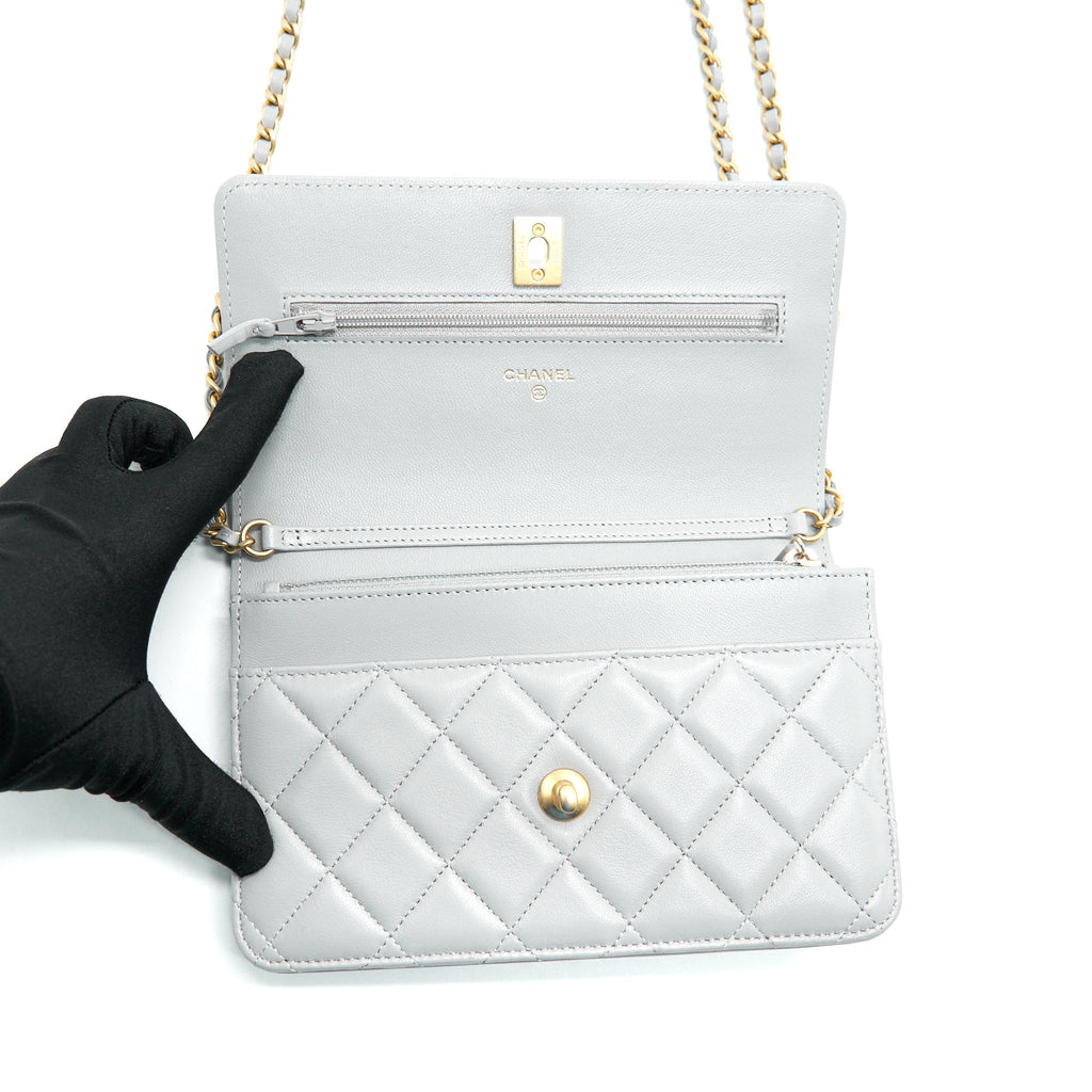 CHANEL PEARL CRUSH WALLET ON CHAIN LAMBSKIN GREY GHW (MICROCHIP)