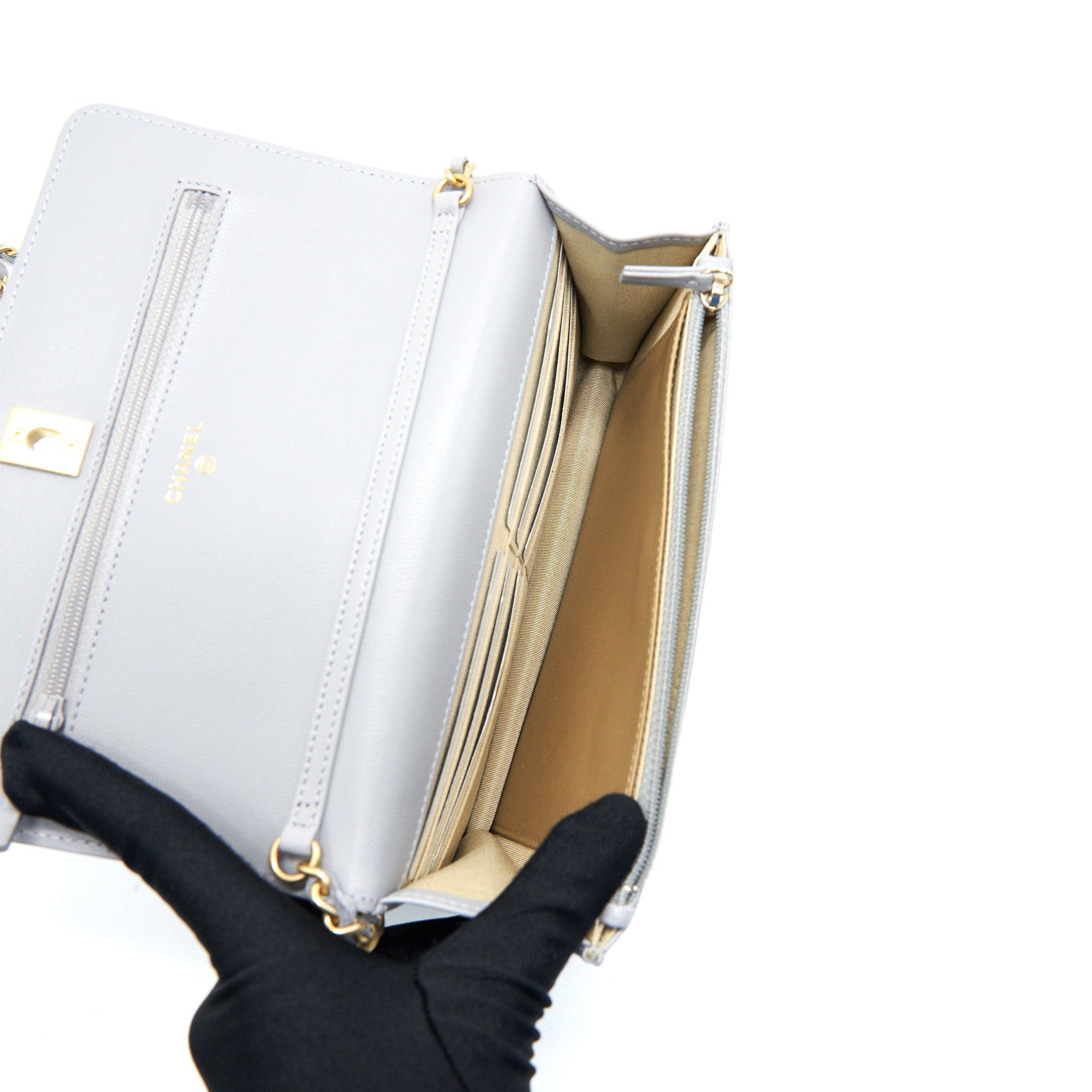 CHANEL PEARL CRUSH WALLET ON CHAIN LAMBSKIN GREY GHW (MICROCHIP)