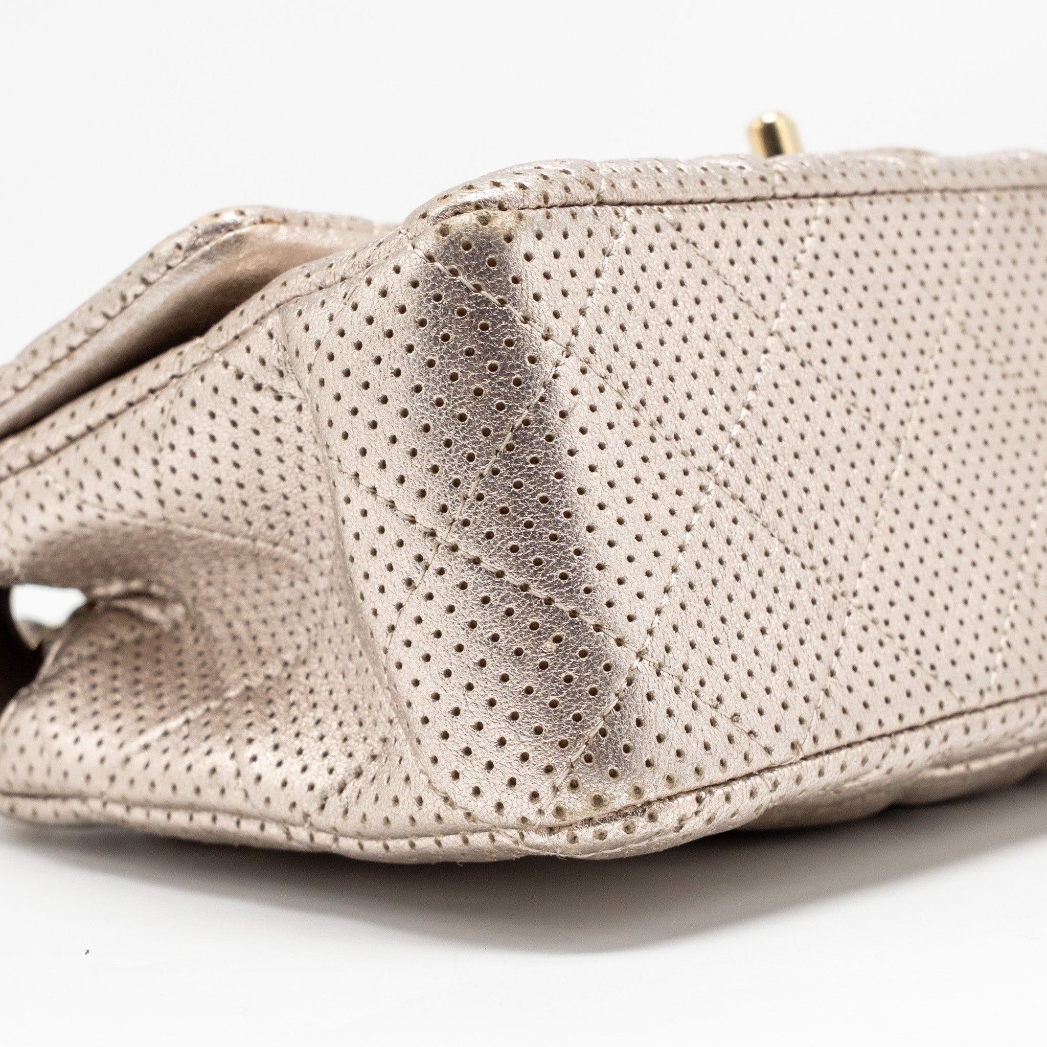 CHANEL MINI RECTANGULAR FLAP BAG PERFORATED METALLIC LAMBSKIN LIGHT GOLD LGHW