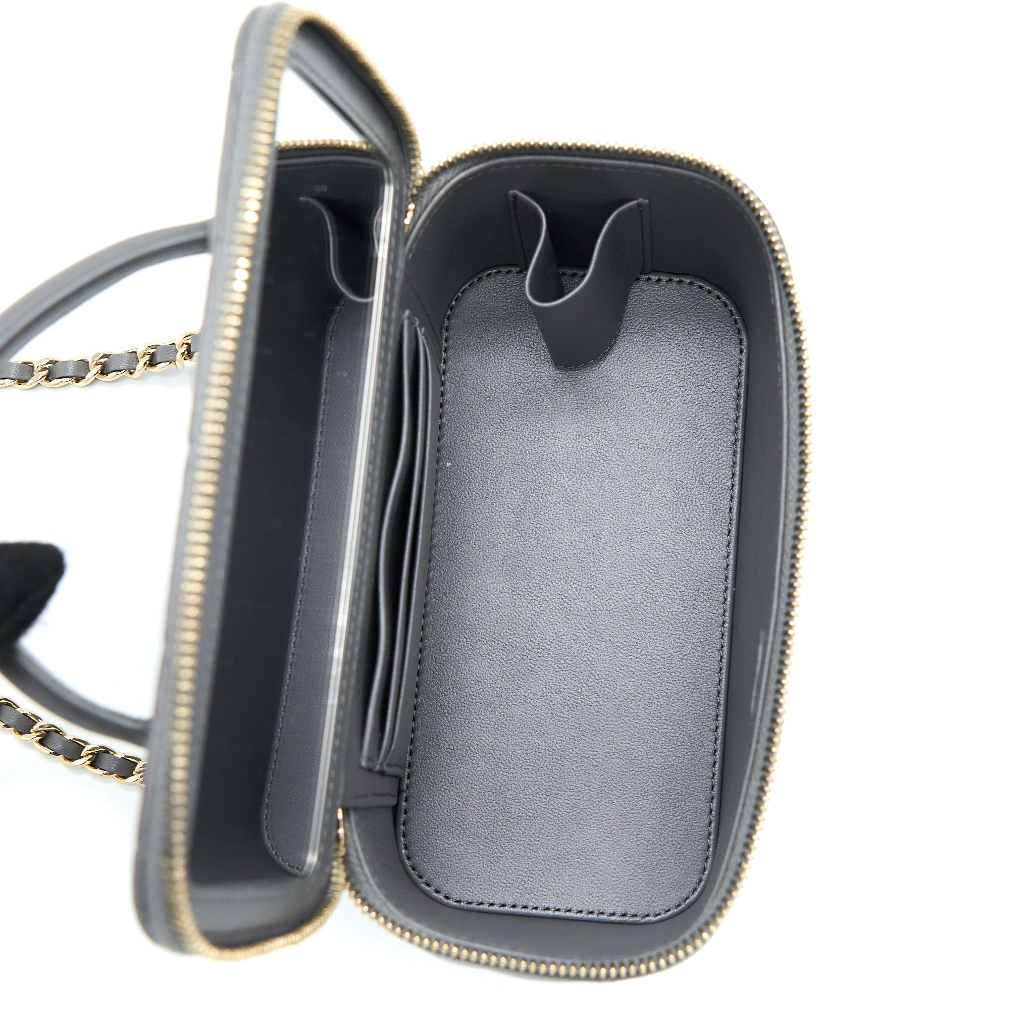 CHANEL TOP HANDLE LONG VANITY WITH CHAIN LAMBSKIN GREY LGHW (MICROCHIP)