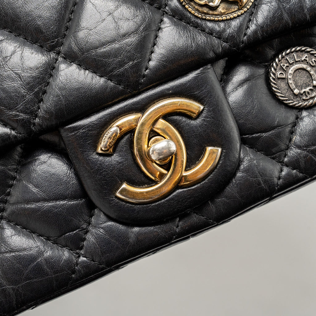 CHANEL MEDALLION QUILTED FLAP BAG AGED CALFSKIN BLACK MULTICOLOUR HARDWARE