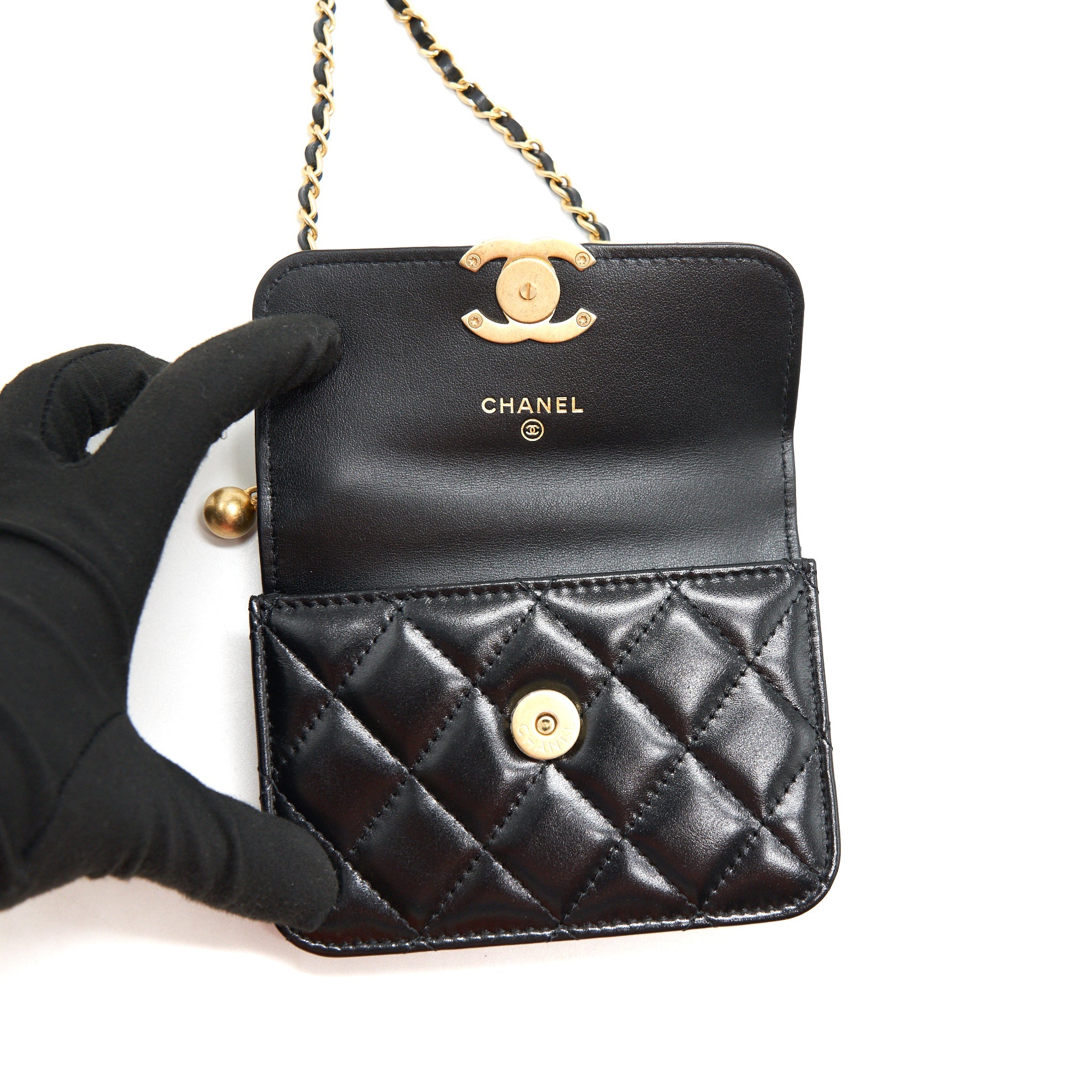 CHANEL 21A FLAP COIN PURSE WITH CHAIN CALFSKIN BLACK GHW