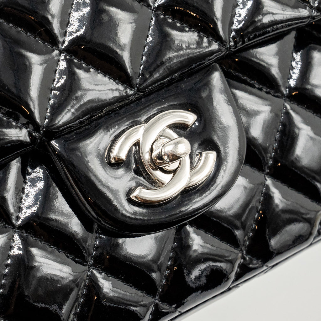 CHANEL EAST WEST FLAP SHOULDER BAG PATENT LEATHER BLACK SHW