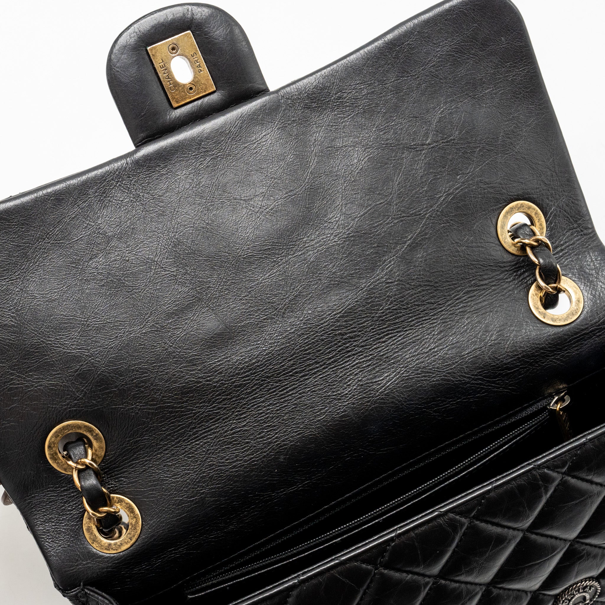 CHANEL MEDALLION QUILTED FLAP BAG AGED CALFSKIN BLACK MULTICOLOUR HARDWARE