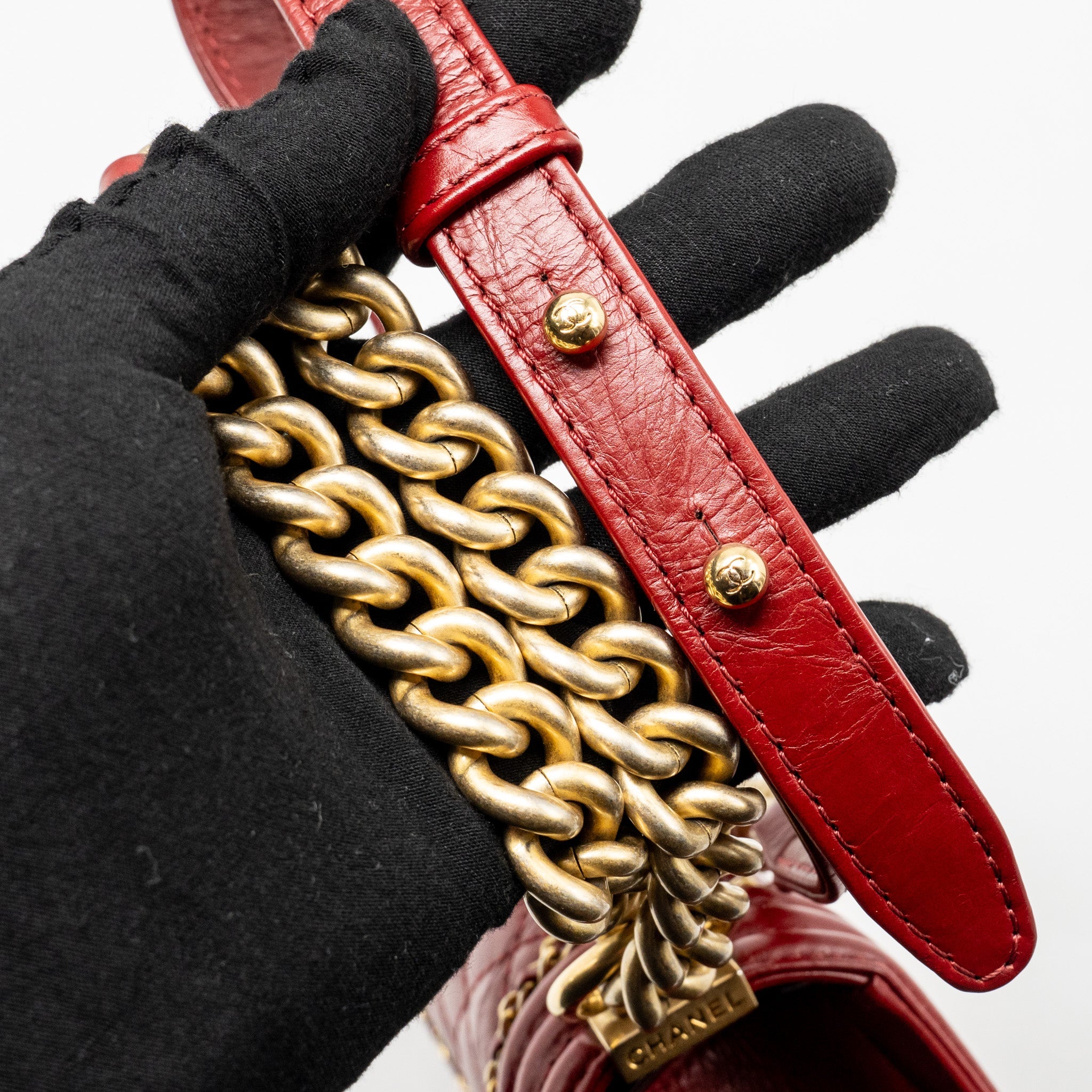 CHANEL SMALL JACKET BOY BAG AGED CALFSKIN RED GHW