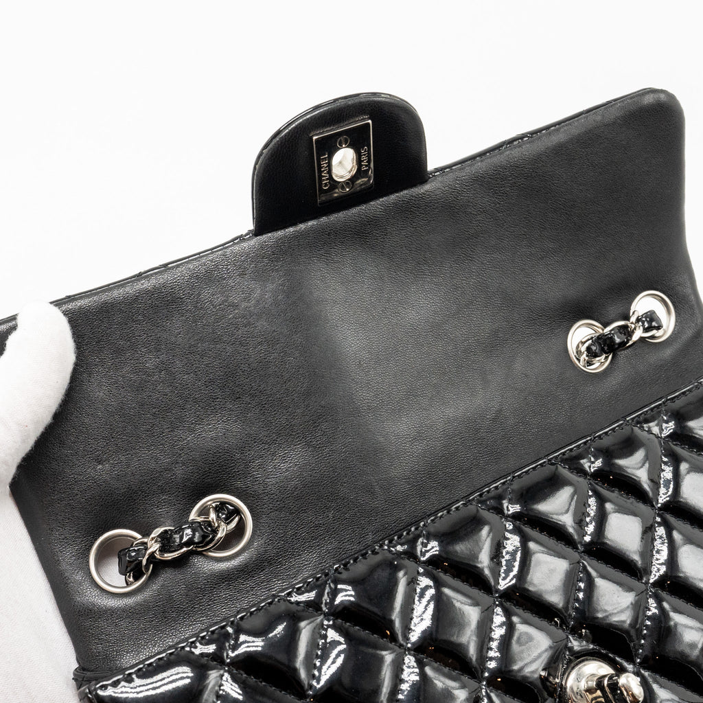 CHANEL EAST WEST FLAP SHOULDER BAG PATENT LEATHER BLACK SHW
