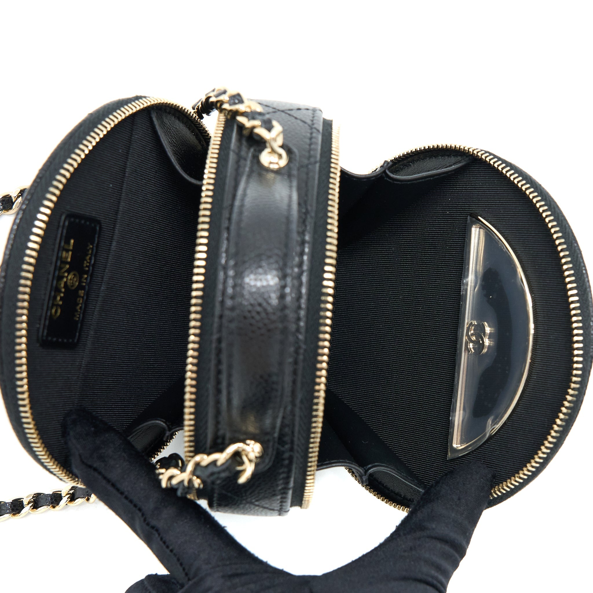 CHANEL MINI TOP HANDLE ROUND VANITY CASE WITH CHAIN CAVIAR BLACK LGHW