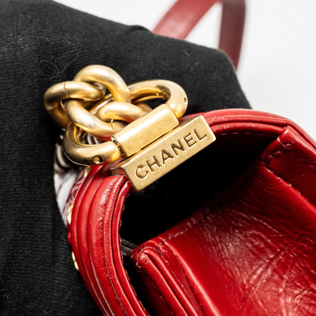 CHANEL SMALL JACKET BOY BAG AGED CALFSKIN RED GHW