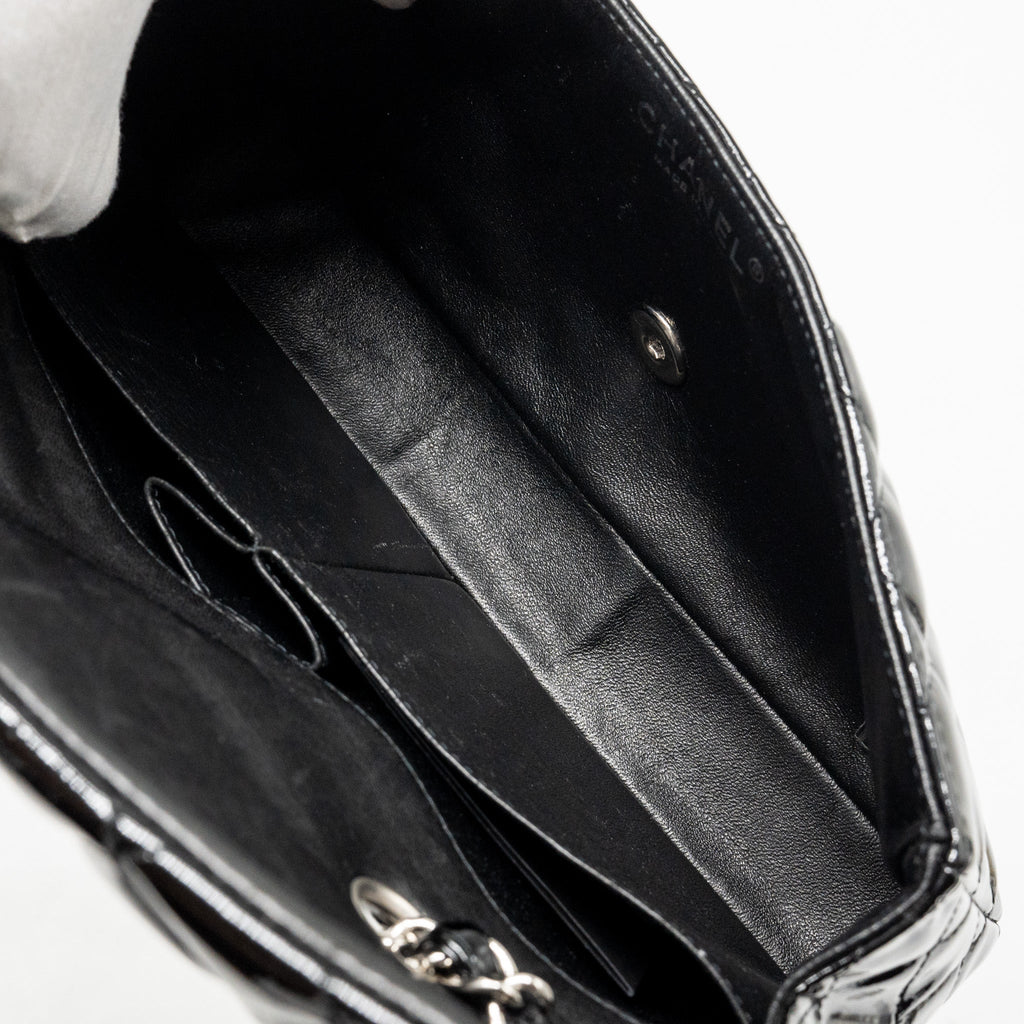CHANEL EAST WEST FLAP SHOULDER BAG PATENT LEATHER BLACK SHW