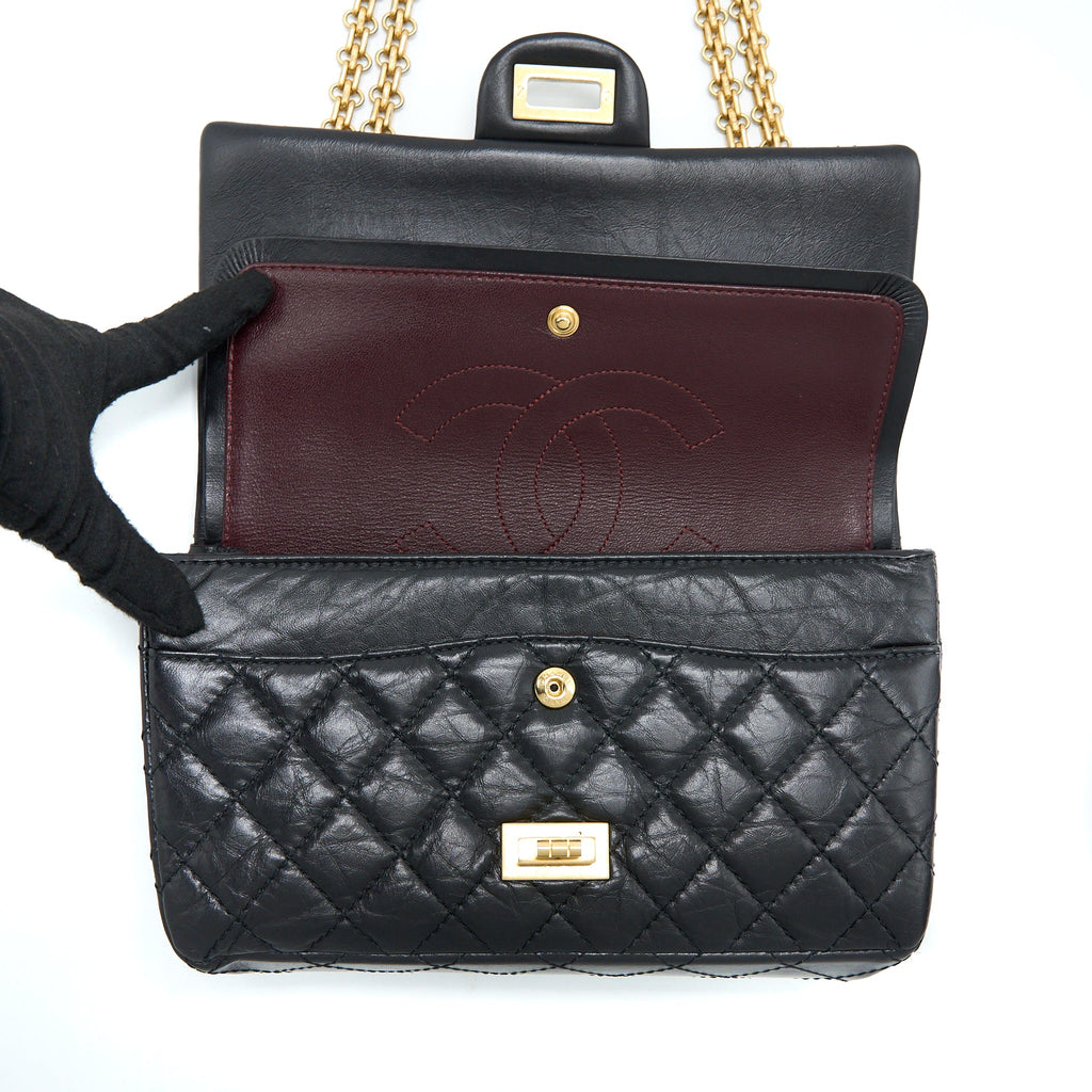CHANEL SMALL 2.55 REISSUE FLAP BAG AGED CALFSKIN BLACK BRUSHED GHW