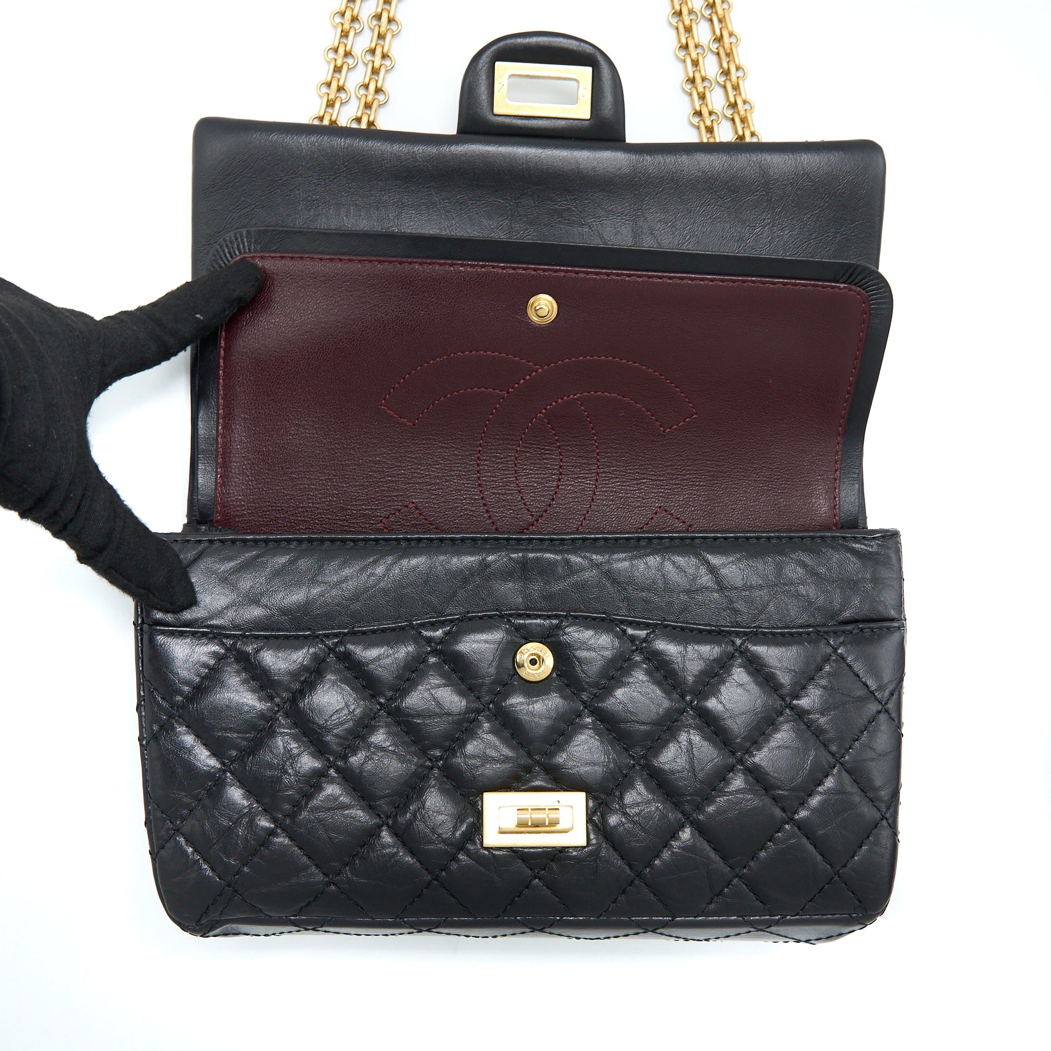 CHANEL SMALL 2.55 REISSUE FLAP BAG AGED CALFSKIN BLACK BRUSHED GHW