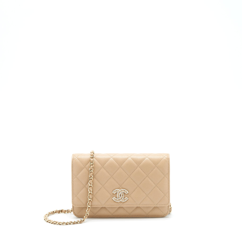 CHANEL 22S DETAILED LOGO WALLET ON CHAIN CAVIAR DARK BEIGE WITH LGHW (MICROCHIP)