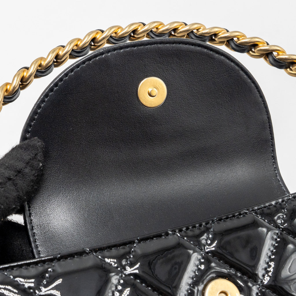 CHANEL 23K HOOP BAG PATENT LEATHER BLACK GHW (MICROCHIP)