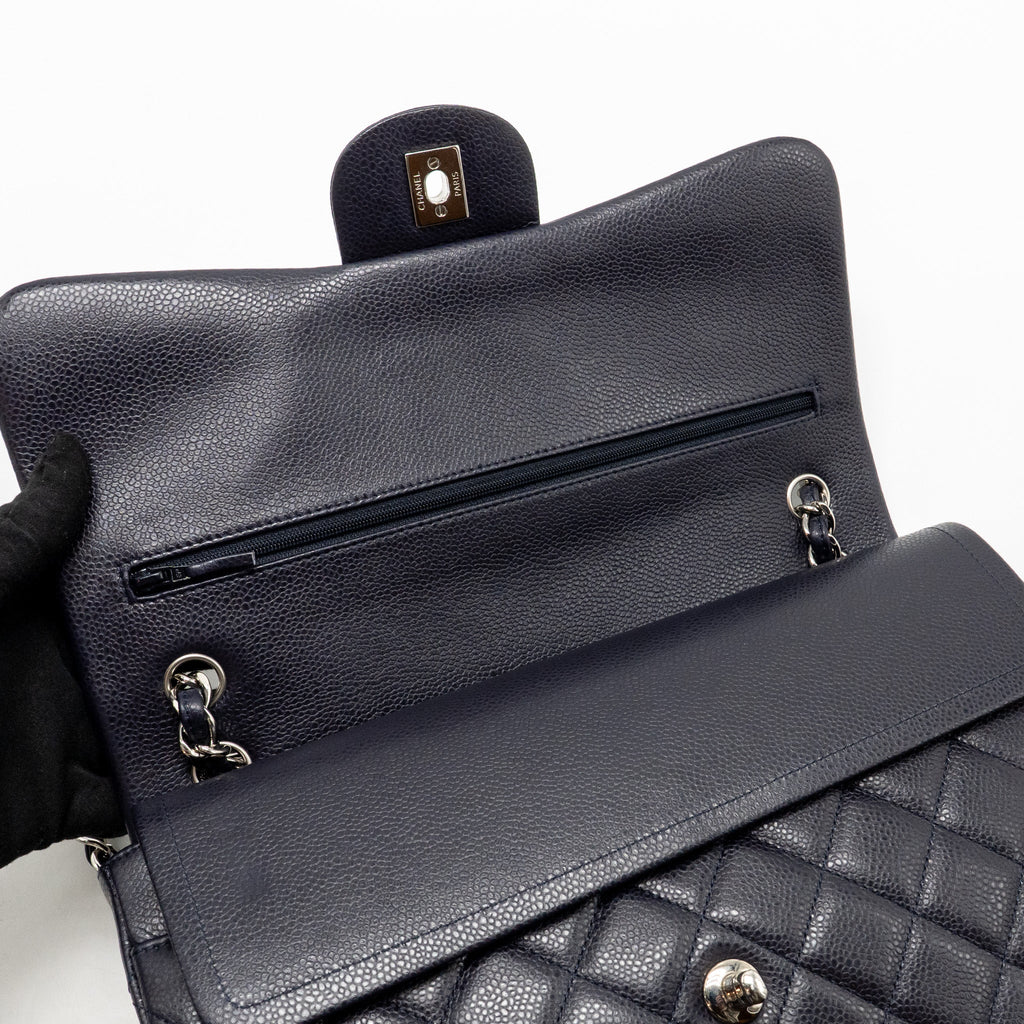 CHANEL JUMBO CLASSIC DOUBLE FLAP BAG CAVIAR DARK BLUE SHW