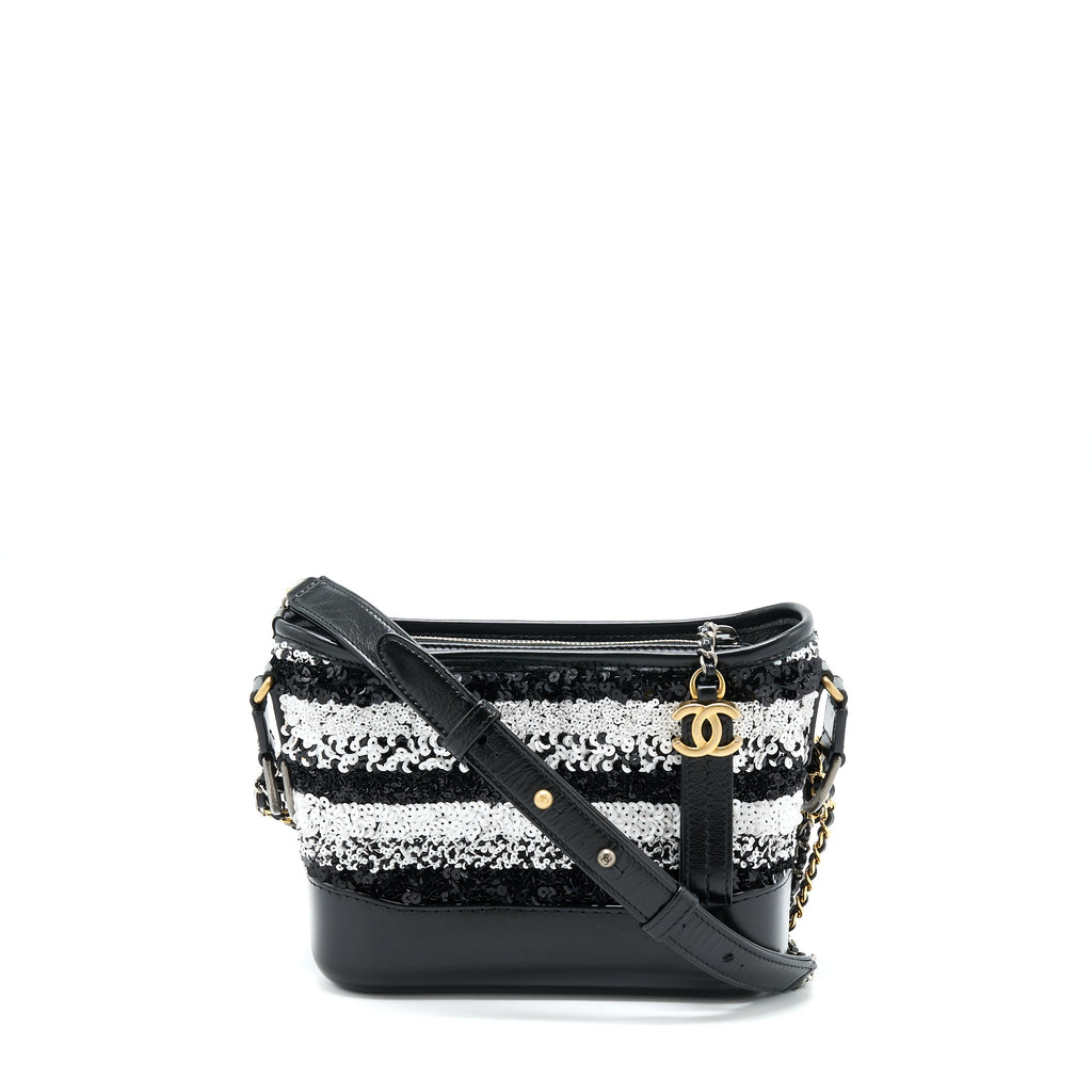 CHANEL SMALL GABRIELLE HOBO BAG SEQUINS BLACK/WHITE WITH MULTICOLOUR HARDWARE