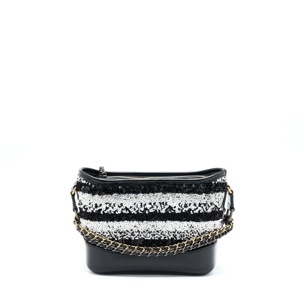 CHANEL SMALL GABRIELLE HOBO BAG SEQUINS BLACK/WHITE WITH MULTICOLOUR HARDWARE