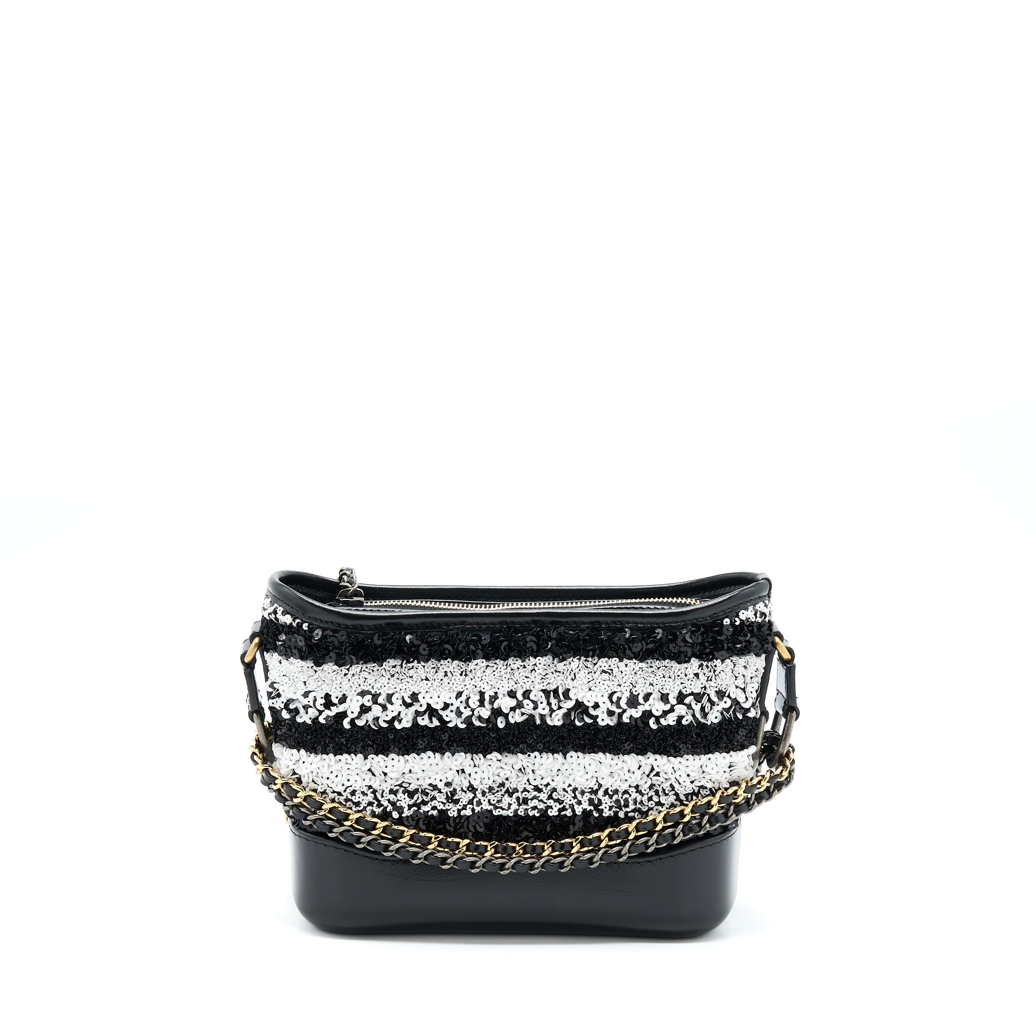 CHANEL SMALL GABRIELLE HOBO BAG SEQUINS BLACK/WHITE WITH MULTICOLOUR HARDWARE