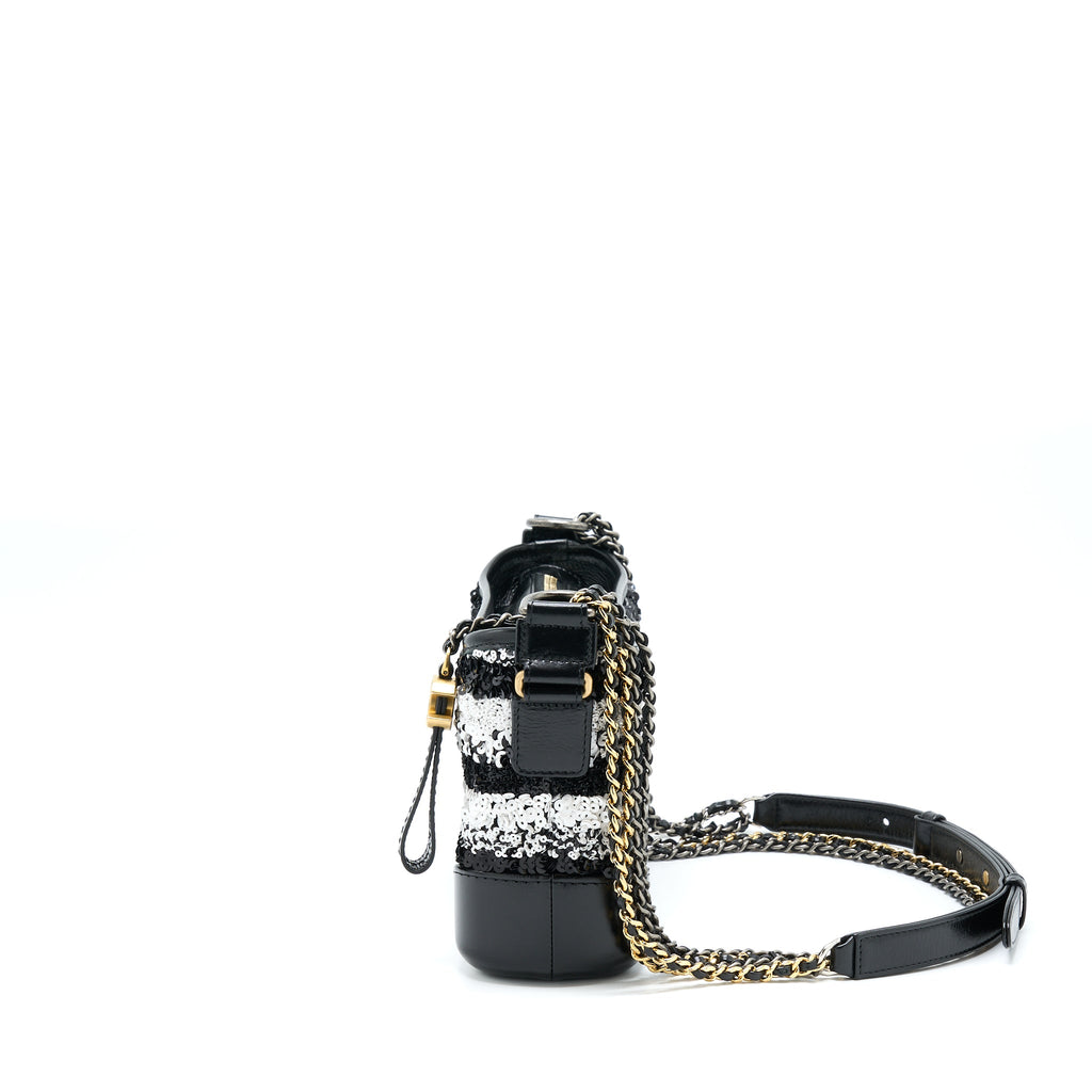 CHANEL SMALL GABRIELLE HOBO BAG SEQUINS BLACK/WHITE WITH MULTICOLOUR HARDWARE