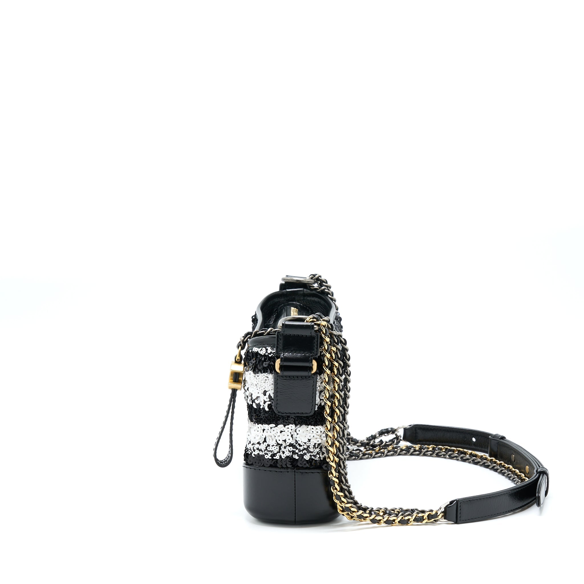 CHANEL SMALL GABRIELLE HOBO BAG SEQUINS BLACK/WHITE WITH MULTICOLOUR HARDWARE