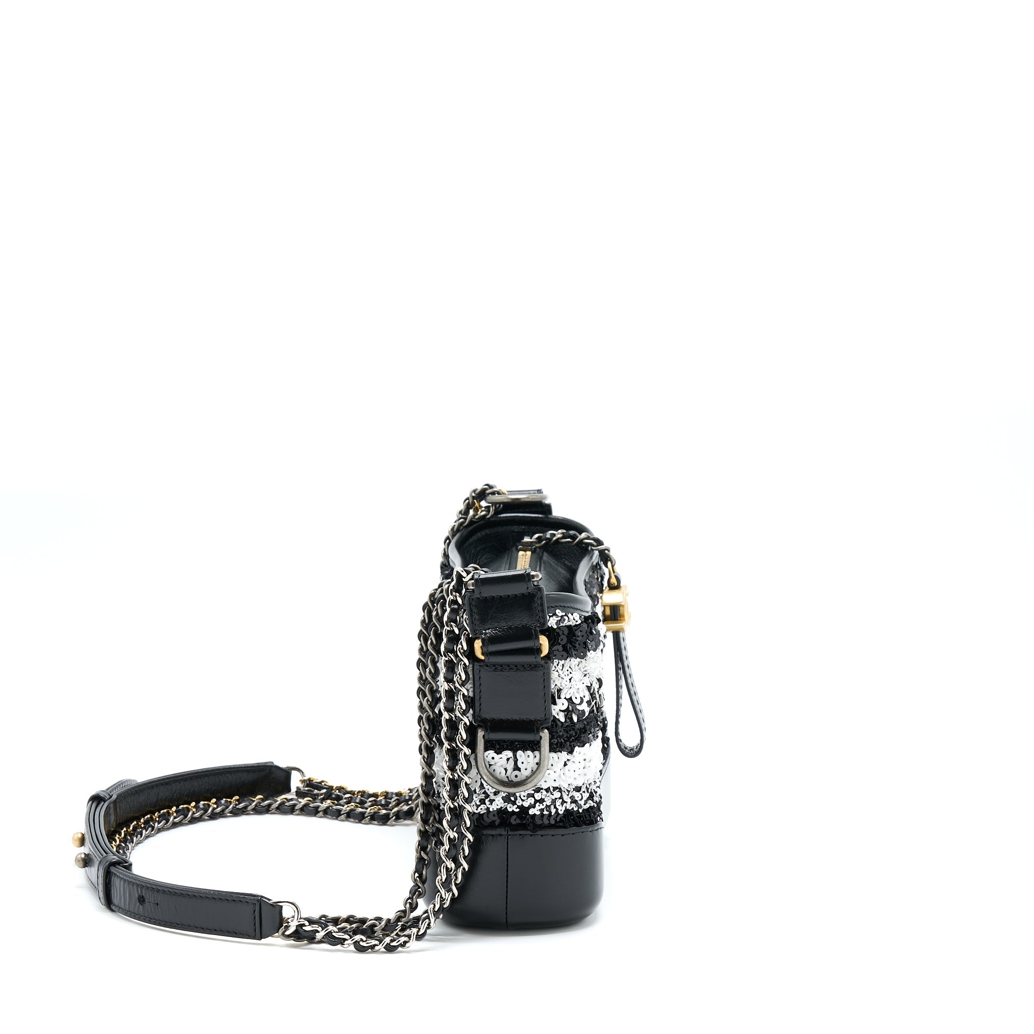 CHANEL SMALL GABRIELLE HOBO BAG SEQUINS BLACK/WHITE WITH MULTICOLOUR HARDWARE