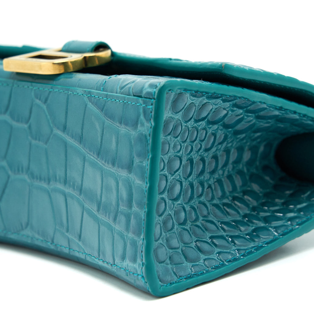 BALENCIAGA HOURGLASS XS CROC-EFFECT LEATHER BLUE