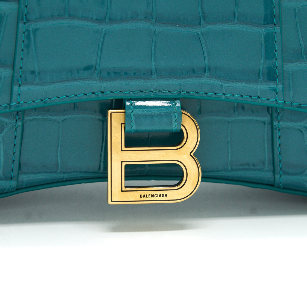 BALENCIAGA HOURGLASS XS CROC-EFFECT LEATHER BLUE
