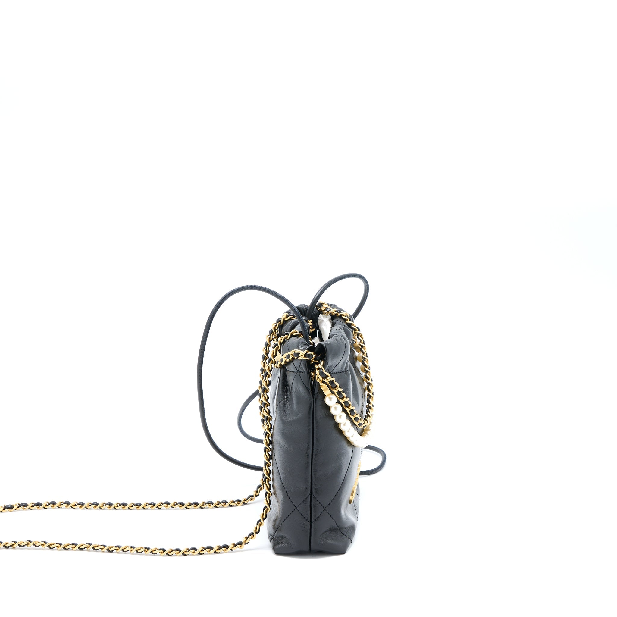 CHANEL 23S MINI 22 BAG WITH PEARL SHINY CALFSKIN BLACK BRUSHED GHW (MICROCHIP)