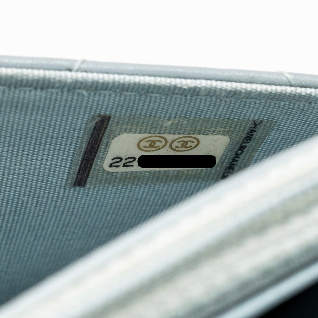 CHANEL BOY WALLET ON CHAIN PATENT CALFSKIN IRIDESCENT LIGHT BLUE LGHW