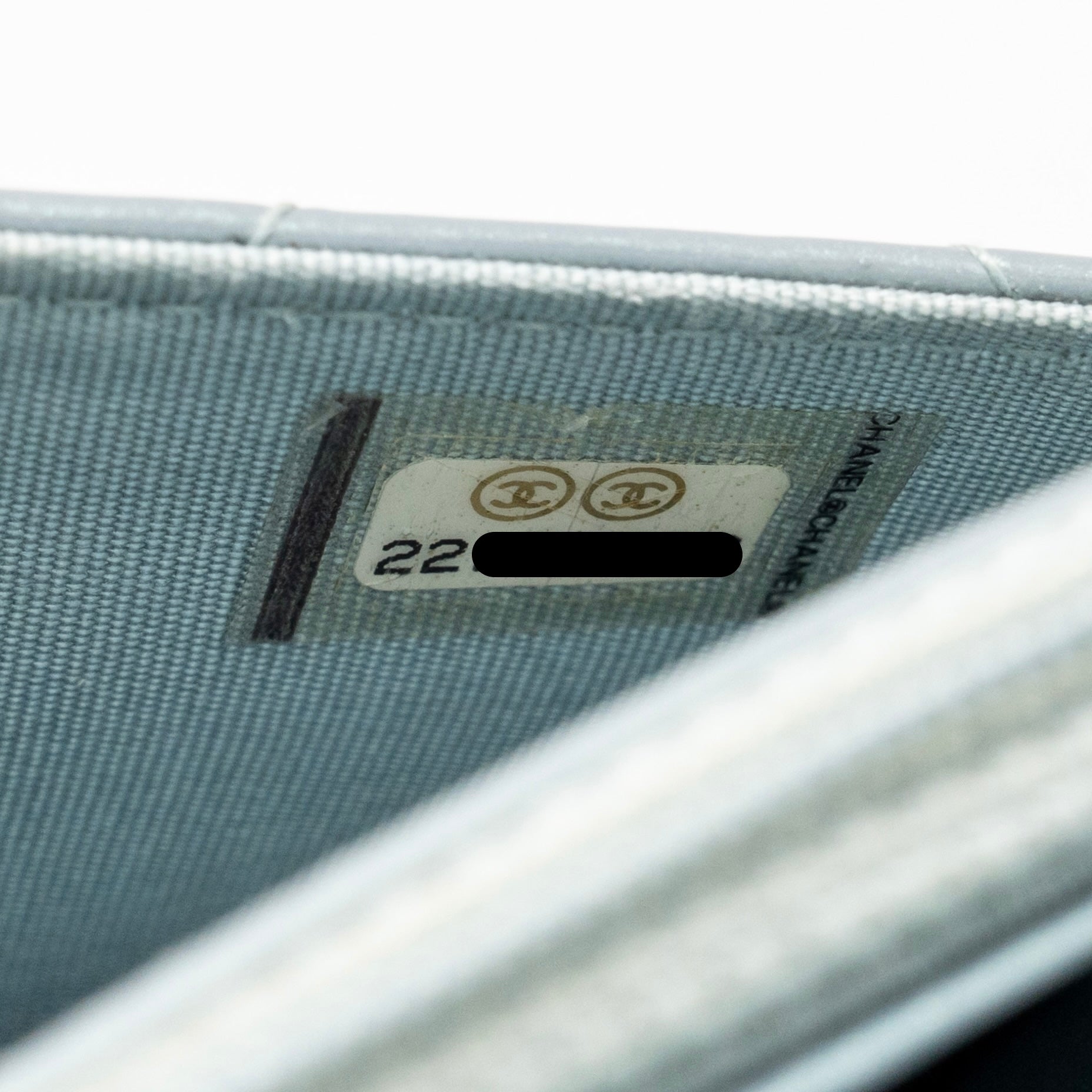 CHANEL BOY WALLET ON CHAIN PATENT CALFSKIN IRIDESCENT LIGHT BLUE LGHW