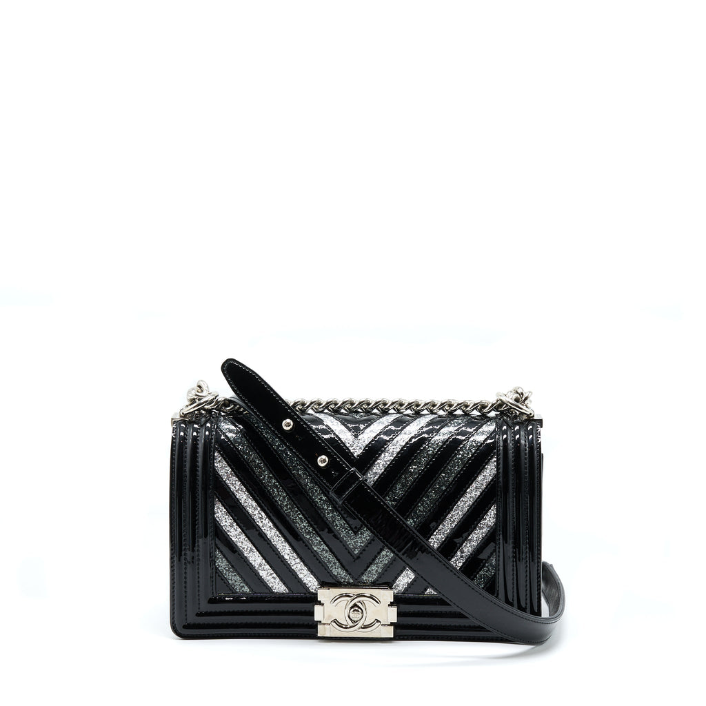 CHANEL MEDIUM BOY BAG CHEVRON LIMITED PATENT BLACK SHW