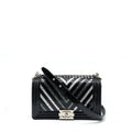 CHANEL MEDIUM BOY BAG CHEVRON LIMITED PATENT BLACK SHW