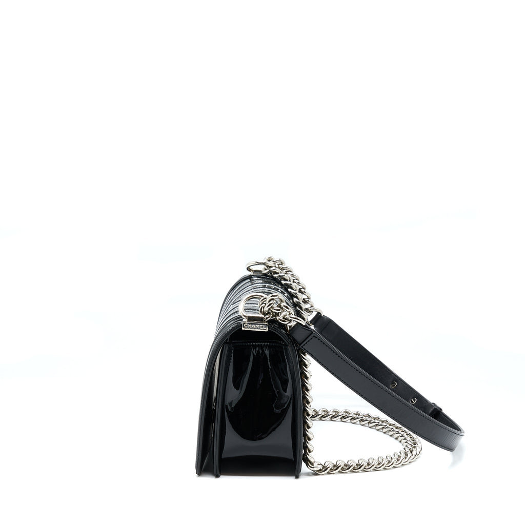 CHANEL MEDIUM BOY BAG CHEVRON LIMITED PATENT BLACK SHW