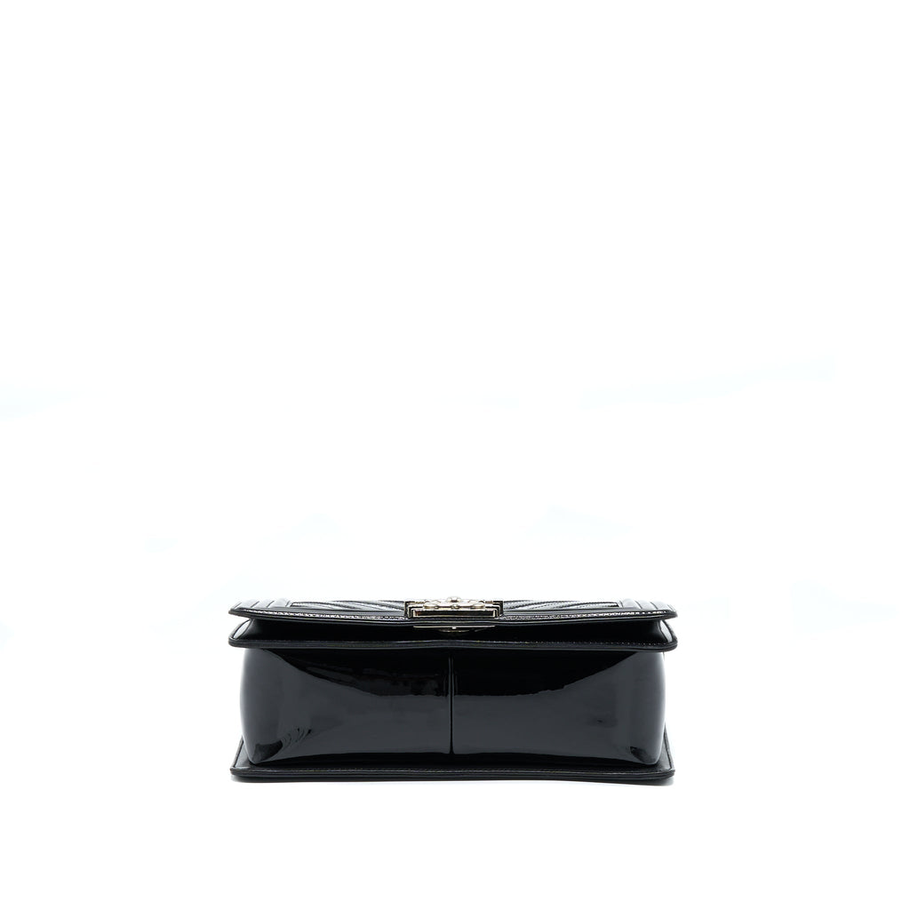 CHANEL MEDIUM BOY BAG CHEVRON LIMITED PATENT BLACK SHW