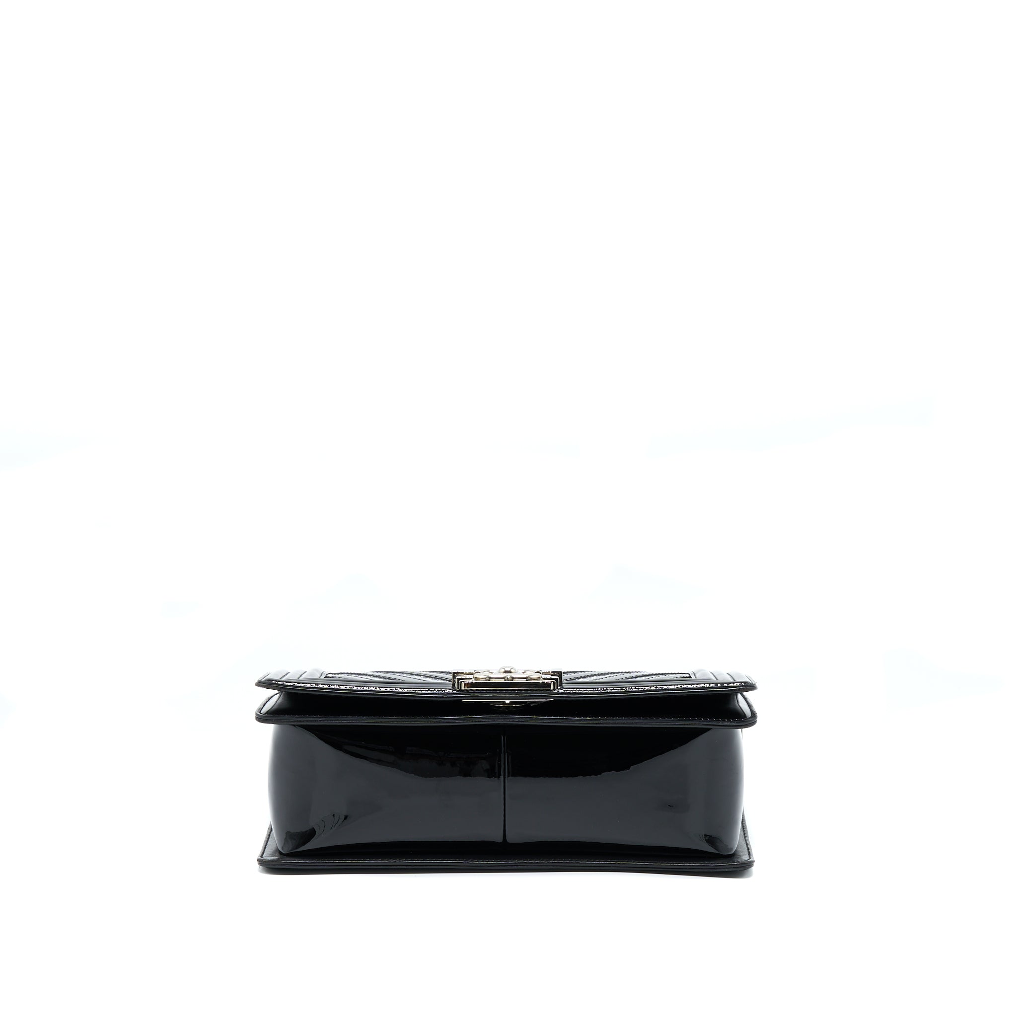 CHANEL MEDIUM BOY BAG CHEVRON LIMITED PATENT BLACK SHW