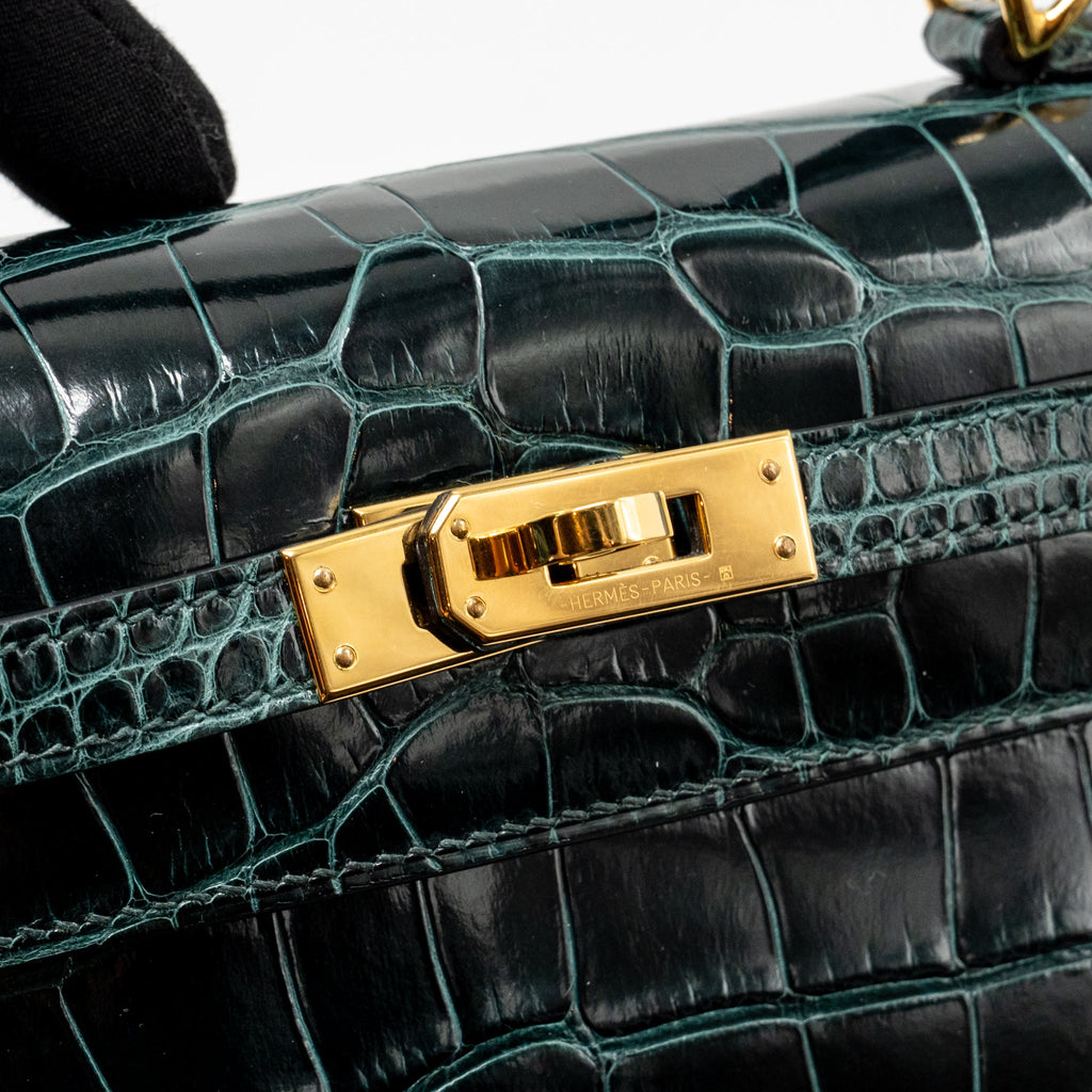HERMES KELLY 25 SHINY ALLIGATOR MISSISSIPPIENSIS VERT CYPRES GHW