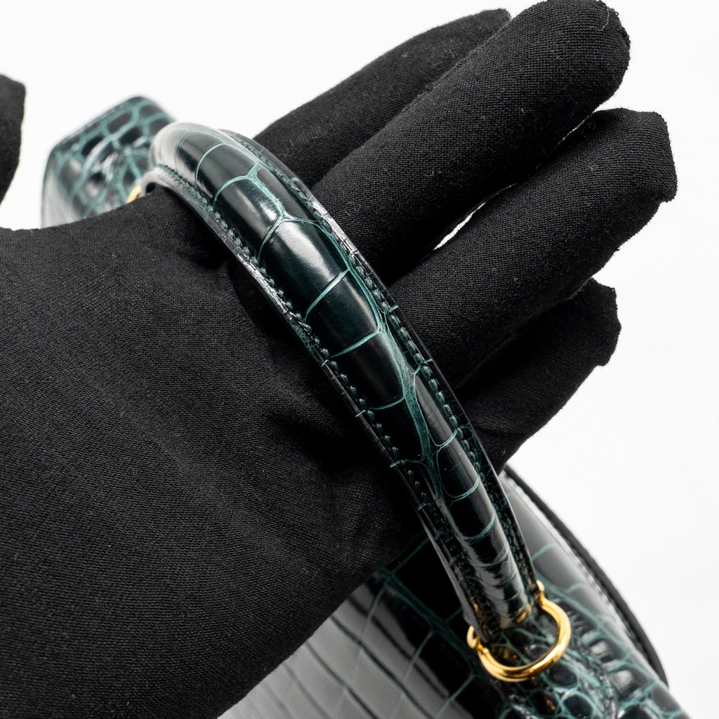 HERMES KELLY 25 SHINY ALLIGATOR MISSISSIPPIENSIS VERT CYPRES GHW