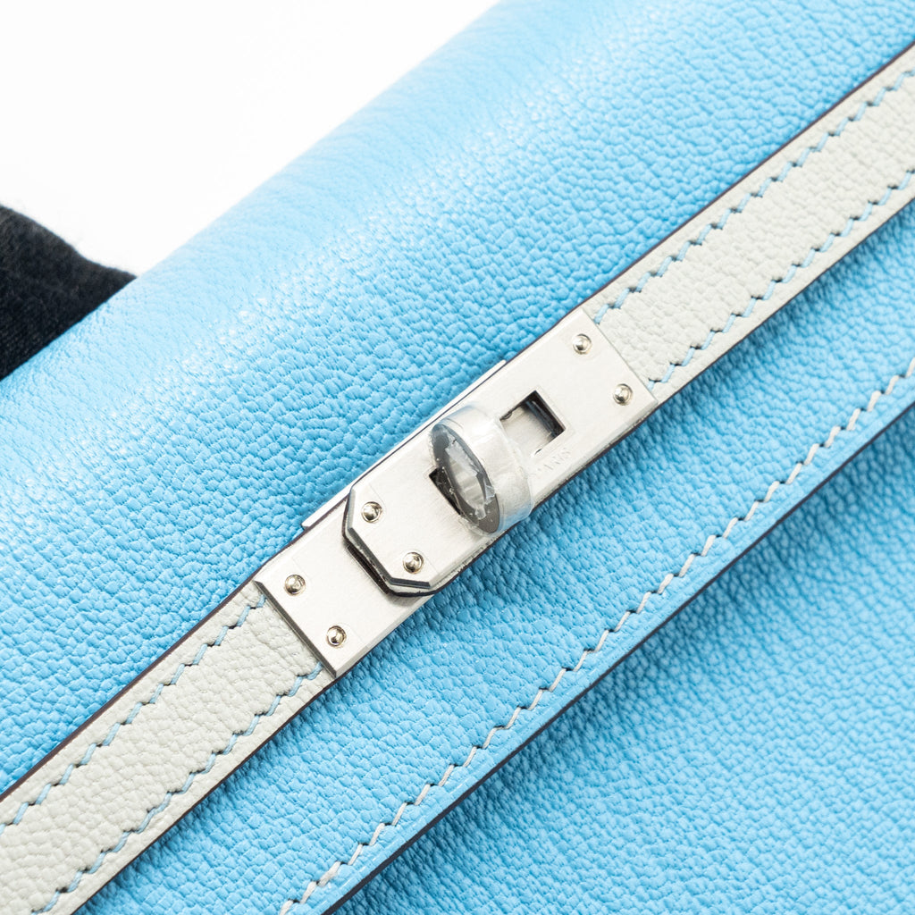 HERMES KELLY 25 SPECIAL ORDER CHÈVRE MYSORE BLUE CELESTE / GRIS PERLE BRUSHED SHW