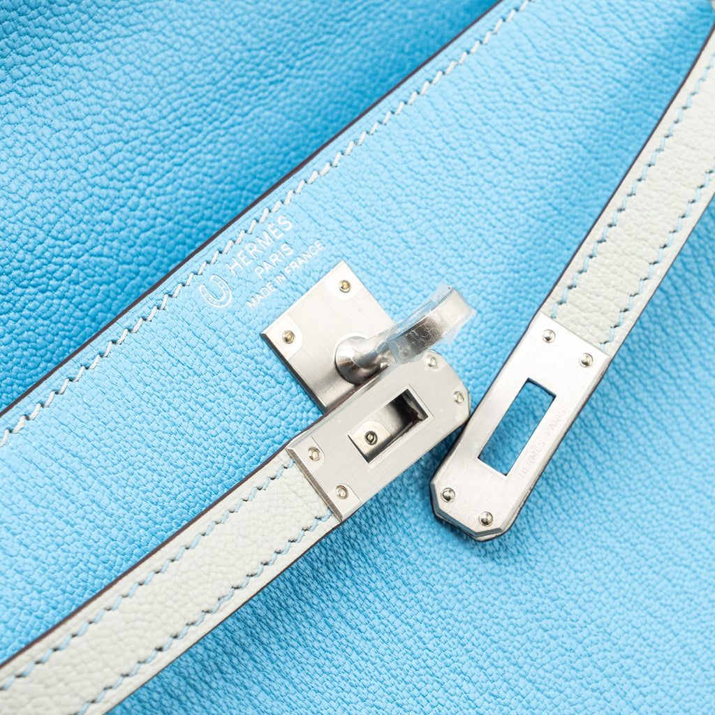 HERMES KELLY 25 SPECIAL ORDER CHÈVRE MYSORE BLUE CELESTE / GRIS PERLE BRUSHED SHW