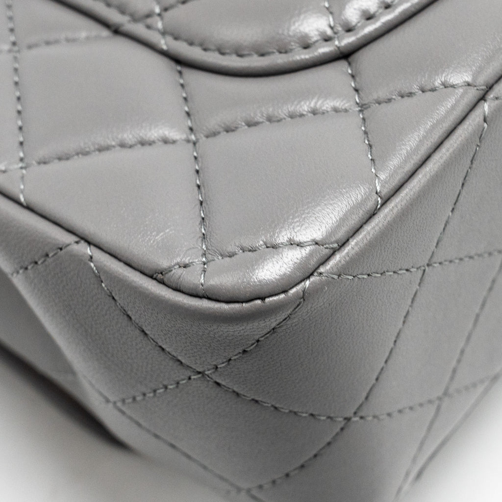 CHANEL 22K METAL TOP HANDLE MINI RECTANGULAR FLAP BAG LAMBSKIN GREY GHW (MICROCHIP)
