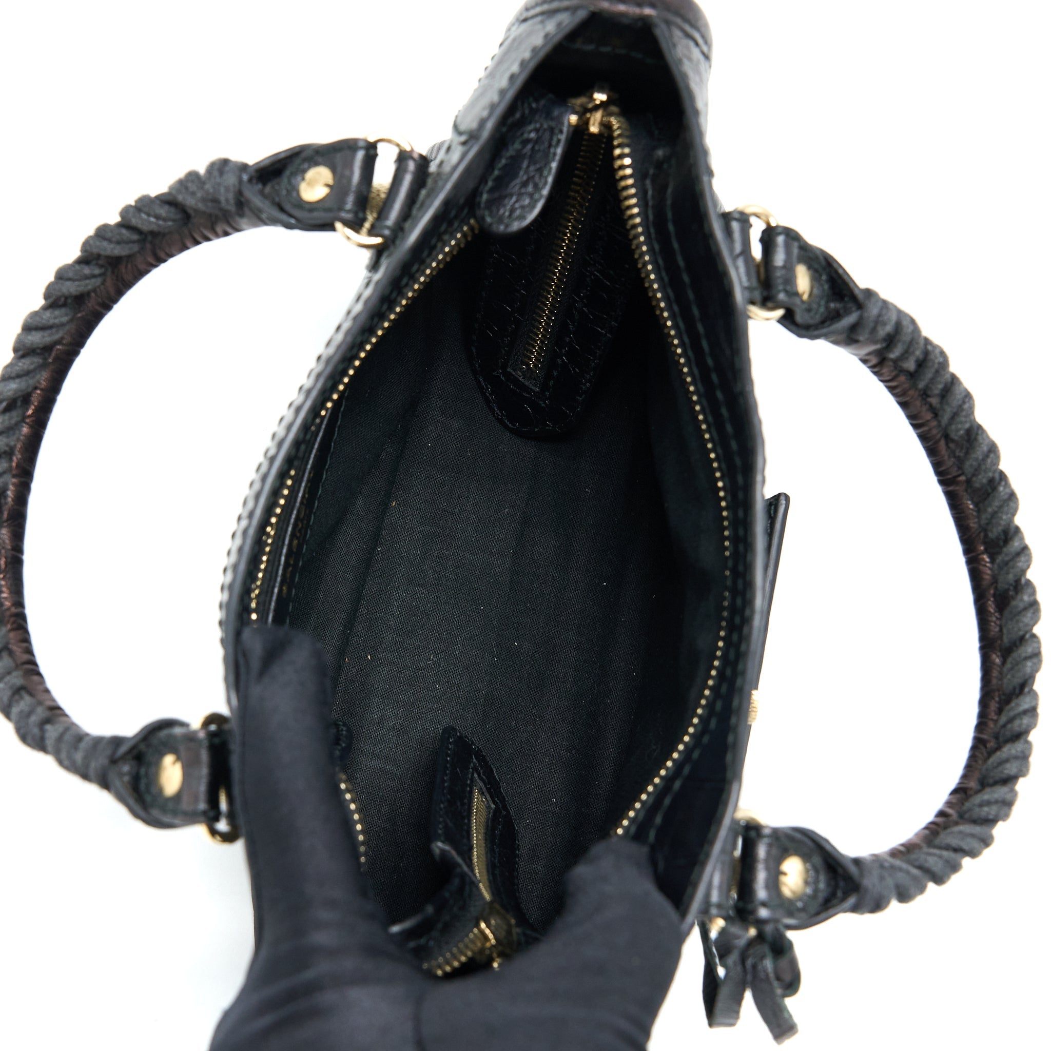 BALENCIAGA MINI CITY CROC-EMBOSSED CALFSKIN BLACK GHW