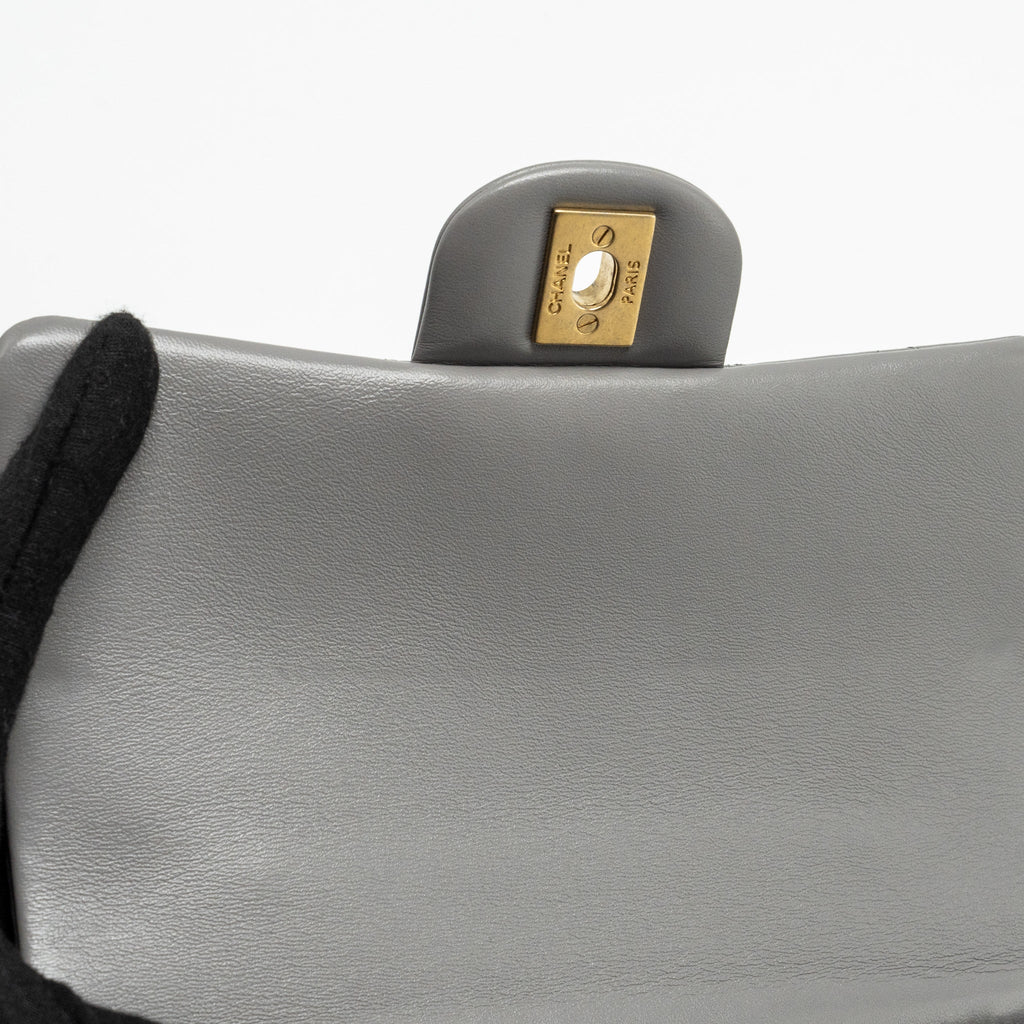 CHANEL 22K METAL TOP HANDLE MINI RECTANGULAR FLAP BAG LAMBSKIN GREY GHW (MICROCHIP)