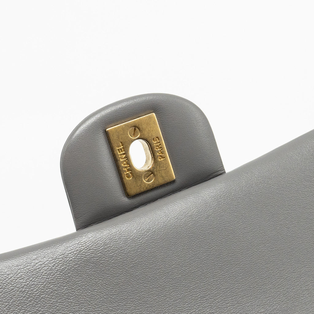 CHANEL 22K METAL TOP HANDLE MINI RECTANGULAR FLAP BAG LAMBSKIN GREY GHW (MICROCHIP)