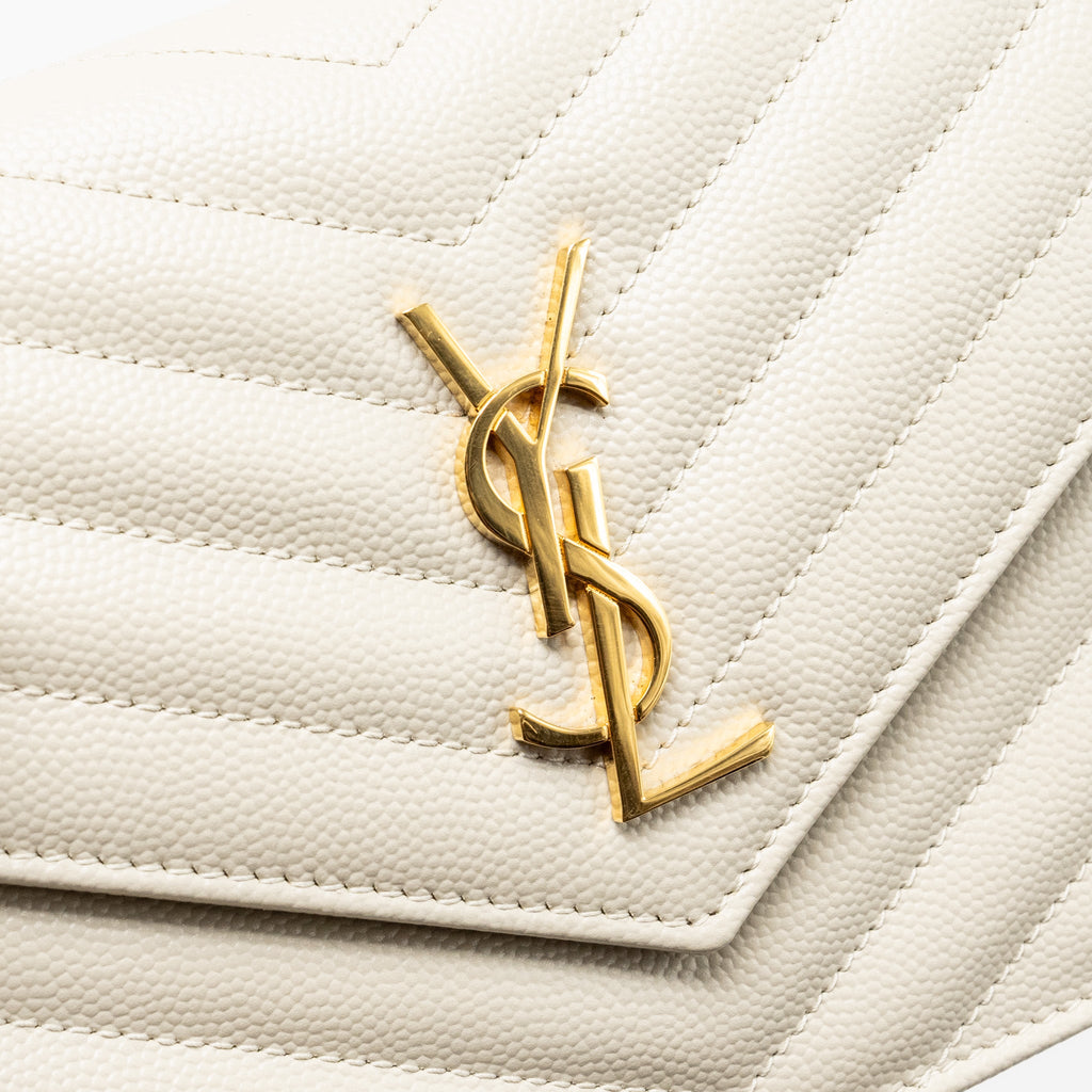 SAINT LAURENT ENVELOPE CHAIN WALLET GRAINED CALFSKIN CREAM SOFT GHW