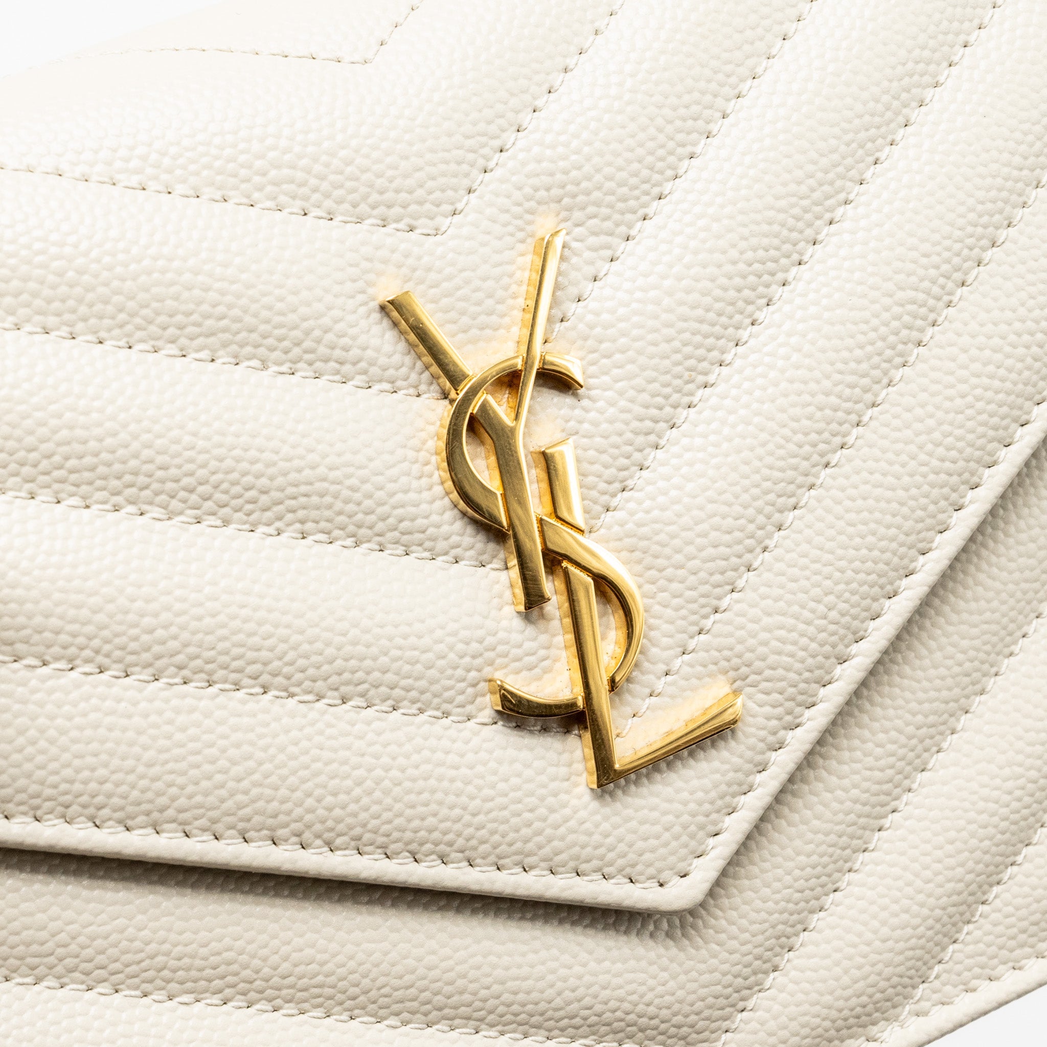 SAINT LAURENT ENVELOPE CHAIN WALLET GRAINED CALFSKIN CREAM SOFT GHW