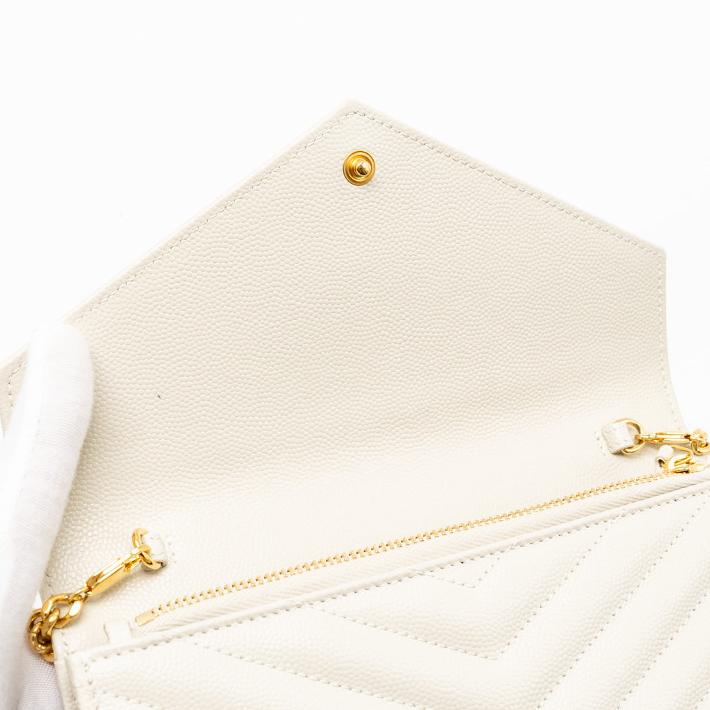 SAINT LAURENT ENVELOPE CHAIN WALLET GRAINED CALFSKIN CREAM SOFT GHW