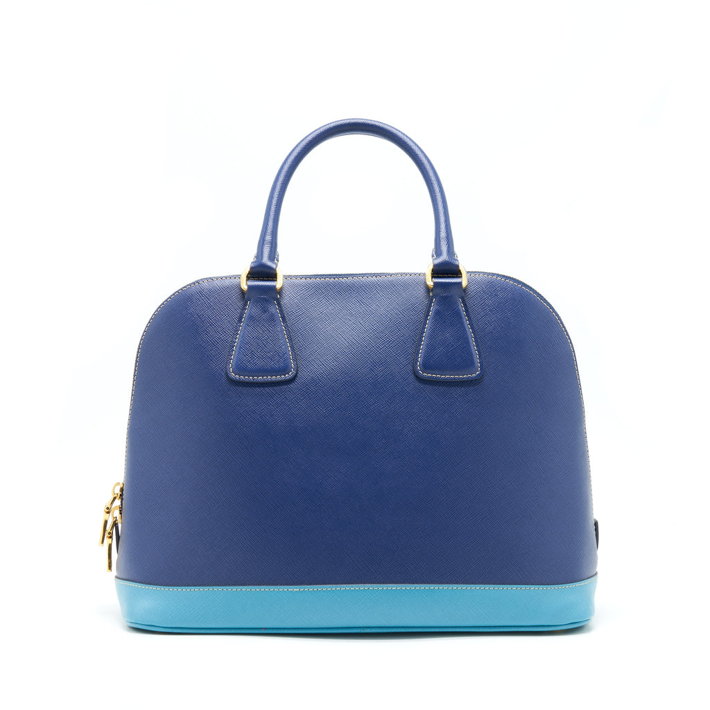 PRADA SAFFIANO LUX BI COLOUR PROMENADE DONE TOTE BAG BLUETTE/TURCHESE BLUE