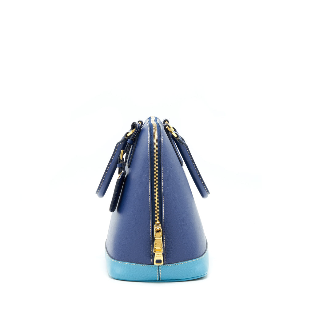 PRADA SAFFIANO LUX BI COLOUR PROMENADE DONE TOTE BAG BLUETTE/TURCHESE BLUE