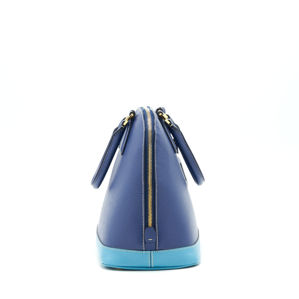 PRADA SAFFIANO LUX BI COLOUR PROMENADE DONE TOTE BAG BLUETTE/TURCHESE BLUE