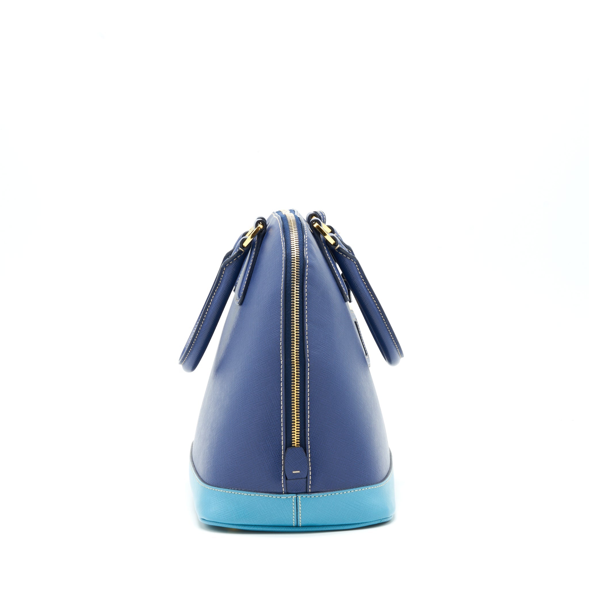 PRADA SAFFIANO LUX BI COLOUR PROMENADE DONE TOTE BAG BLUETTE/TURCHESE BLUE